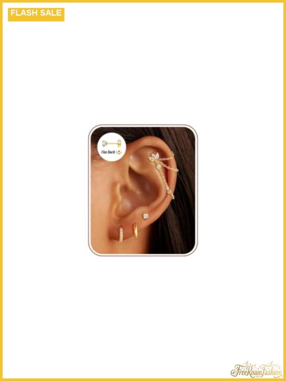 Gold Earring Stacks Set for Women - CZ Studs, Hoops, Huggies with Chains, 14K